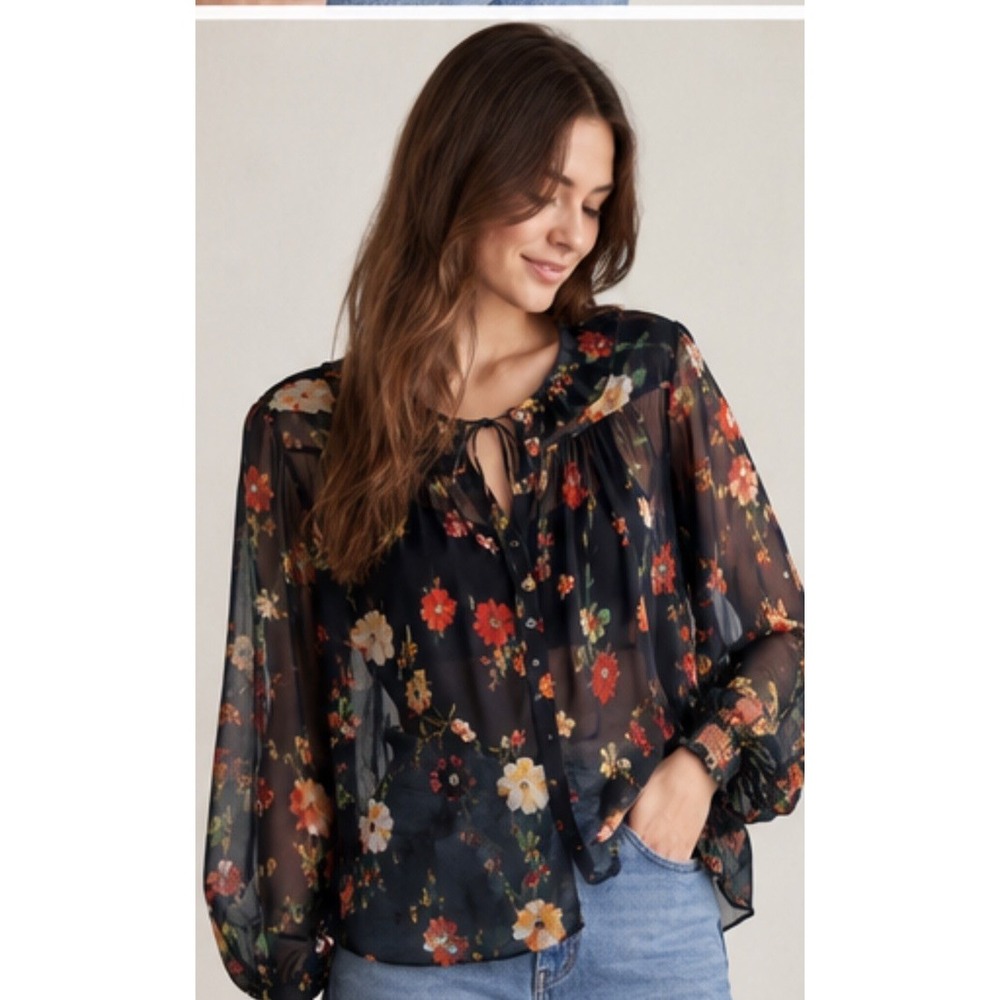 Anthropologie Sheer Floral Blouse XL Navy Ruffle Tie Neck Boho Romantic Peasant